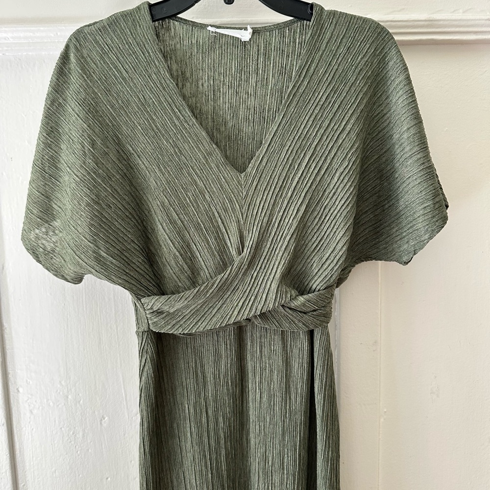 All in Favor Olive Midi Dress with V-Neck and Dolman Sleeves
